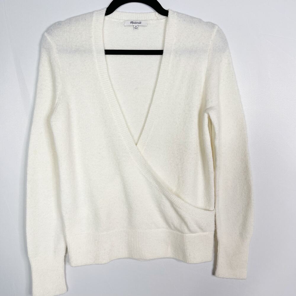 Madewell XSmall Cream Faux Wrap Front Pullover Sweater Coziest Yarn Merino Wool